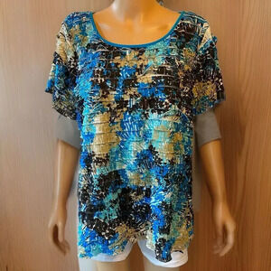 Kim Rogers Womens Top Blouse 3X Short Sleeve Ruffle Tiered Blue Tie Dye Stretch